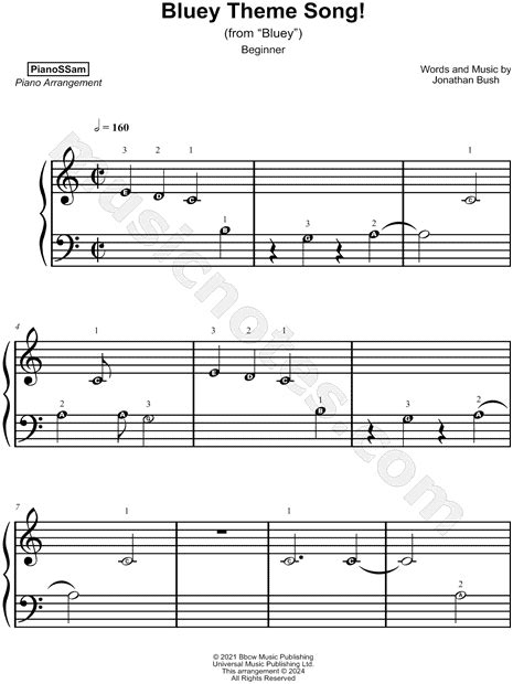 Pianossam Bluey Theme Song Beginner Sheet Music Piano Solo In C