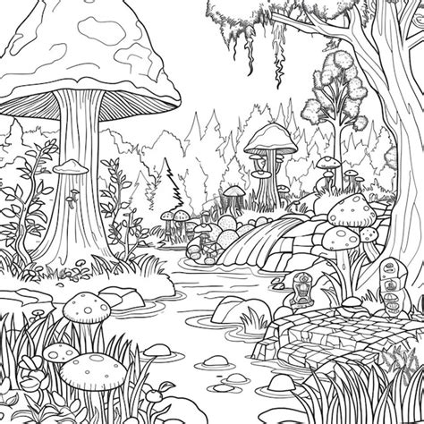 Un Dibujo En Blanco Y Negro De Un Bosque Con Un Arroyo Generativo Ai