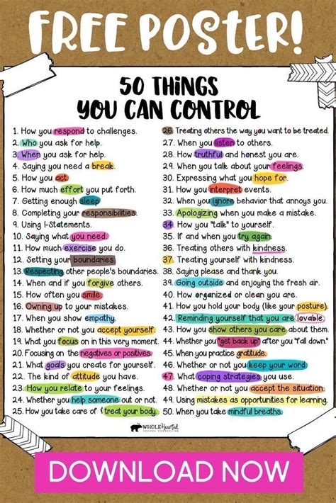 50 Things You Can Control Free Poster And Checklist Social Emotional