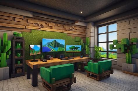 Premium Photo | Minecraftthemed Gaming Room interior mockups with blank copy space