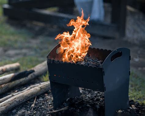 Barbecue Grill with Open Fire Outdoors. Beautiful Fire Flame Stock ...