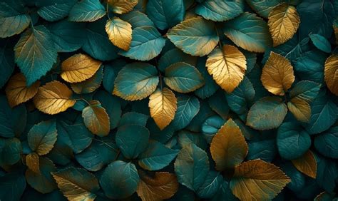 Premium Photo Metallic Gold And Green Leaves Textured Background