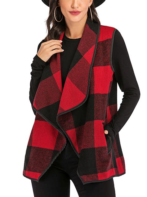 Sayfut Womens Sleeveless Lapel Open Front Plaid Cardigan Casual Vest Fashion Plaid Cardigan Coat