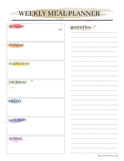 Watercolor Weekly Meal Planner With Grocery List Paper Trail Design