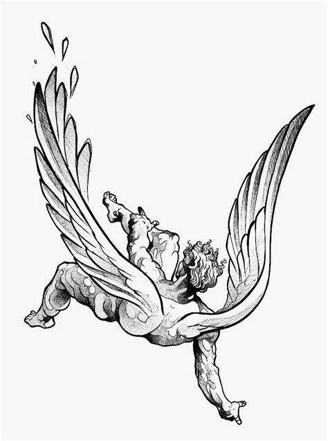 An Ink Drawing Of A Winged Creature With Its Wings Spread Out And Two