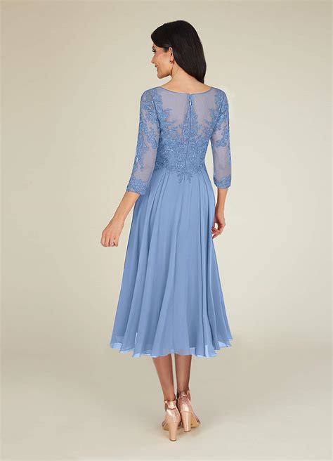 Steel Blue Azazie Marge A Line Scoop Lace Chiffon Tea Length Dress Azazie