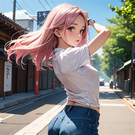 Anime Girl With Pink Hair And Blue Jeans Posing On The Street Seaart Ai