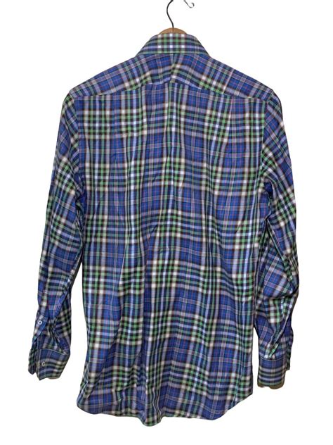 PETER MILLAR Men S Medium Blue Green Plaid Button Up Long Sleeve Shirt