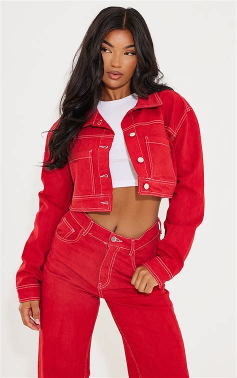 Red With Contrast Stitch Crop Denim Jacket Denim Prettylittlething Usa