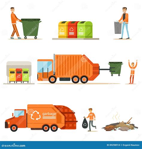 Garbage Collector At Work Series Of Illustrations With Smiling