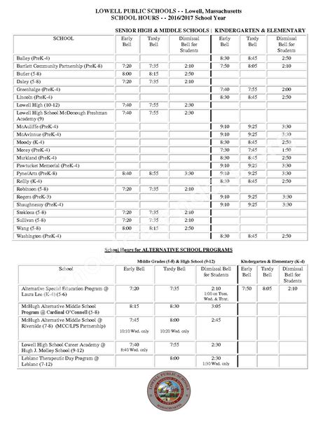 School Hours | Lowell Public Schools – Lowell, MA