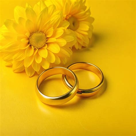 Three Wedding Rings On A Yellow Background With Sunflowers On The Top