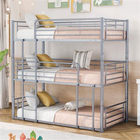 Harper Bright Designs Gray Twin Size Triple Metal Bunk Bed With Built