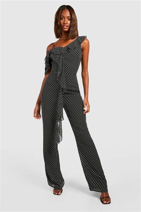 Polka Dot Ruffle Chiffon Jumpsuit Boohoo Uk