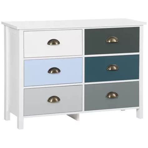 Commode style néo rétro 6 tiroirs poignées coquilles blanc bleu gris