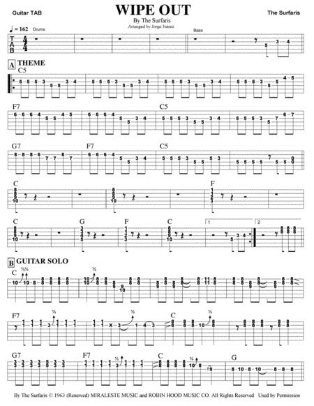 Wipe Out By The Surfaris Guitar Tablature Digital Sheet Music