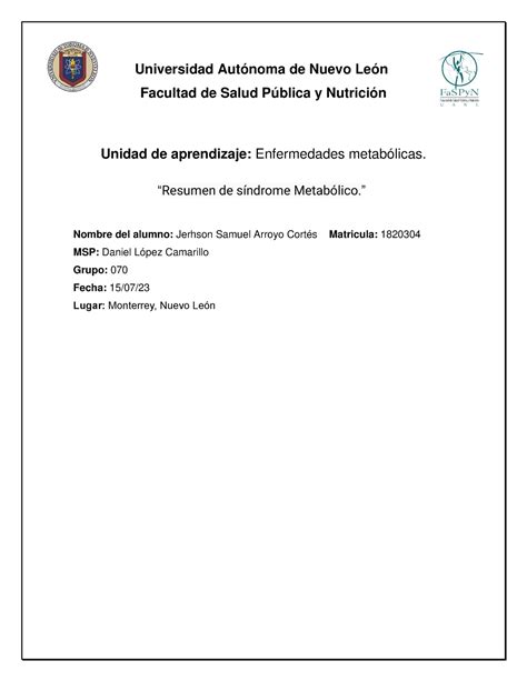 Resumen Sindrome Metabolico Universidad Aut Noma De Nuevo Le N