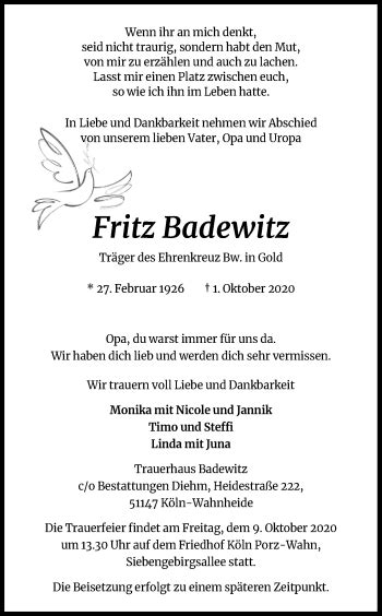 Traueranzeigen Von Fritz Badewitz WirTrauern