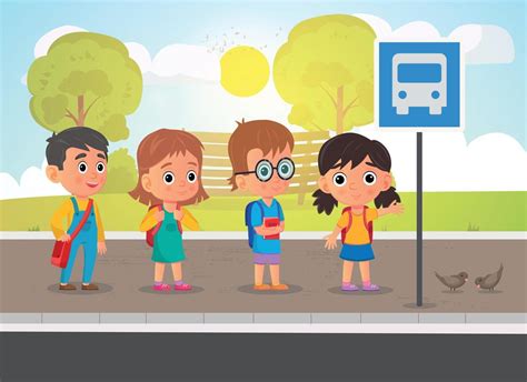 vector illustration  school kids  school supplies waiting