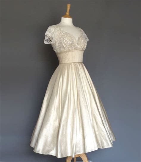 Champagne Silk And Ivory Lace Sweetheart Tea Length Circle Skirt Etsy