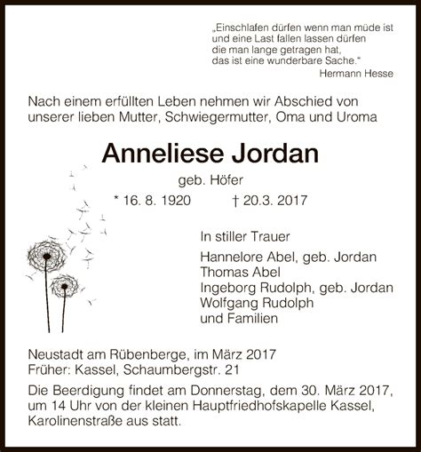 Traueranzeigen Von Anneliese Jordan Trauer HNA De