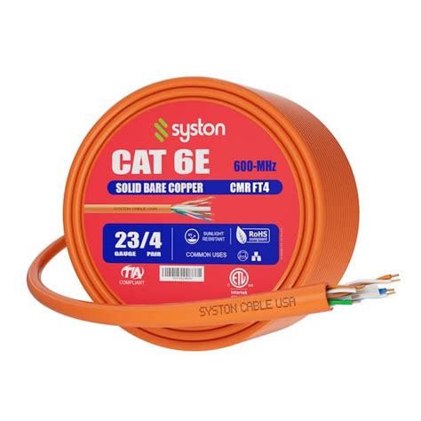 Syston Cable Technology 100 Ft Orange Riser Rated CMR CAT6E 600 MHz