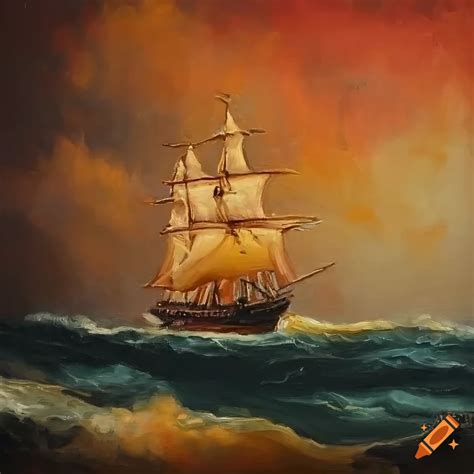 Oil Painting Of A Ship In Stormy Sea