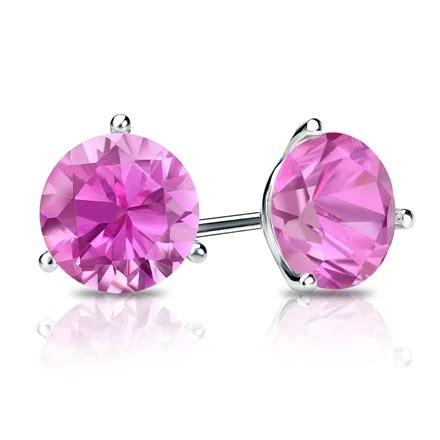 14k White Gold 3 Prong Martini Round Pink Sapphire Gemstone Stud