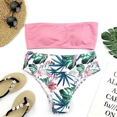 For Sale Sexy Bandeau Bikini Set Women Floral Print Swimwear Push Up