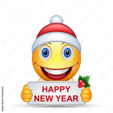 Cartoon Emoticon Smiley With Santa Hat Holding A Banner Happy New Year