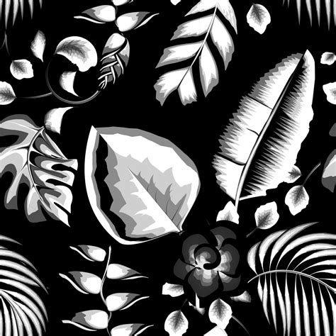 Tropical Pattern With Abstract Plants And Leaves On Dark Background Hawaiian Style Seamless