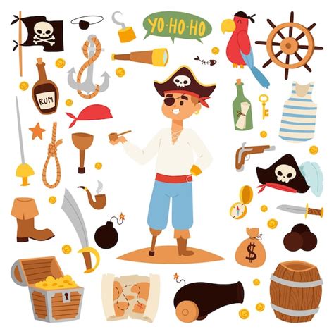 Personnage Pirate Avec Des Icônes Vecteur Premium