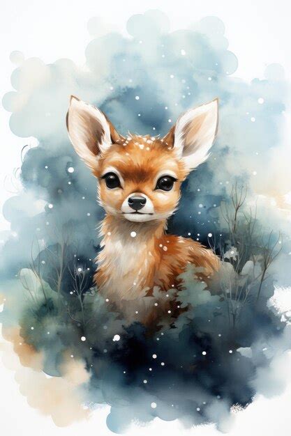 Un Mignon Dessin Animé De Bébé Cerf Dans Le Style Aquarelle Ai