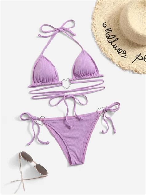 Romwe Starsalign Gemini Heart Ring Linked Triangle Bikini Swimsuit