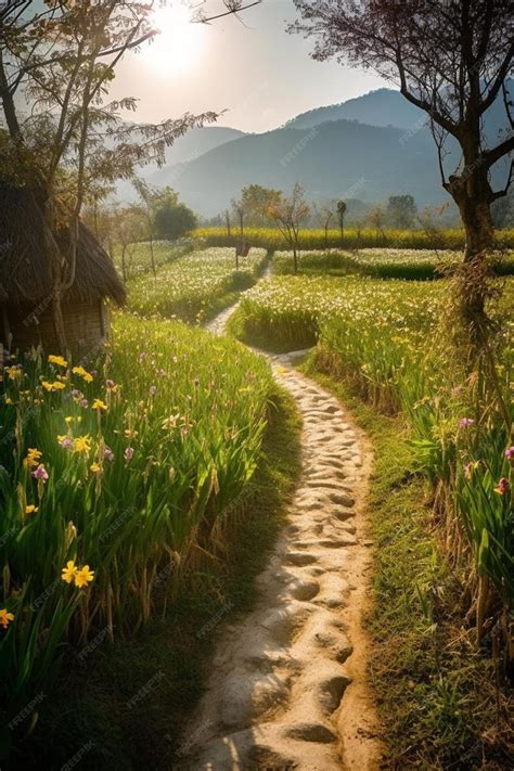 premium ai image  path   field  flowers