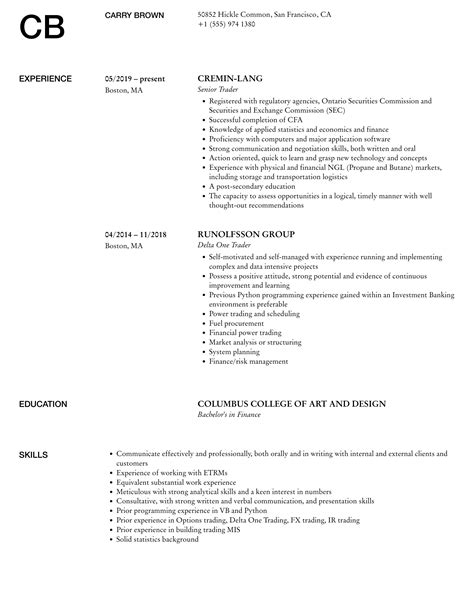 Trader Resume Samples Velvet Jobs