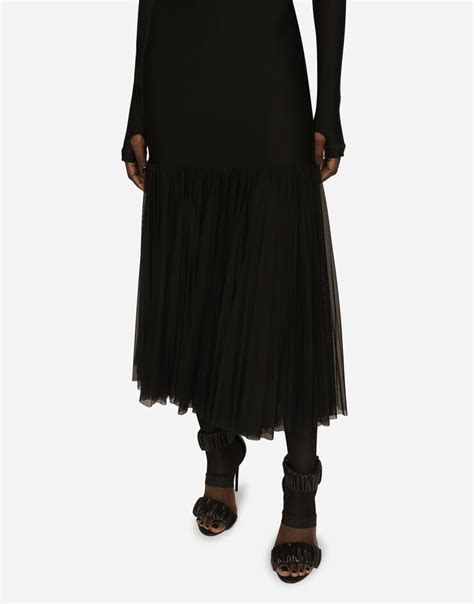 Technical Jersey Dress With Tulle Ruffle In Black For Women Dolce