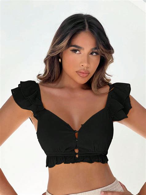 Shein Sxy Ruffle Trim Button Front Crop Top Shein Usa