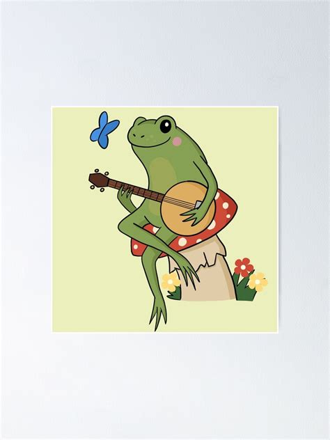 Cottagecore Aesthetic Cute Frog Playing A Banjo Sitting On A Mushroom