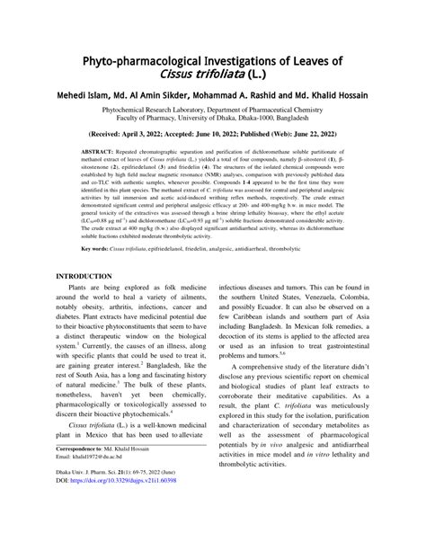 Pdf Phyto Pharmacological Investigations Of Leaves Of Cissus