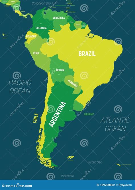 South America Map - Green Hue Colored on Dark Background. High Detailed ...