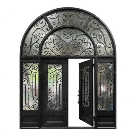 Best Luxury Custom Black Big Size Double Opening Eyebrow Arch Top Wrought Iron Entry Door With