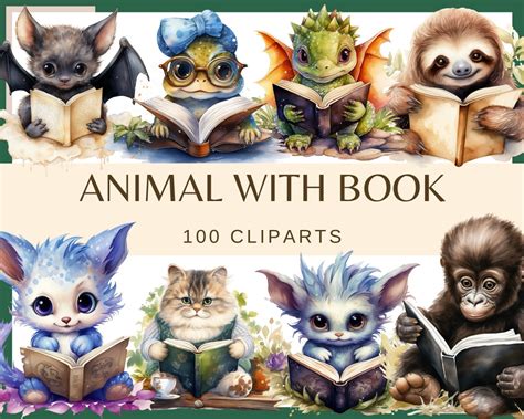 ANIMALS WITH BOOKS 100 Watercolor Clip Arts png, 300 Dpi, Notebook ...