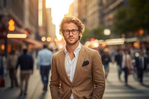 Premium Photo A Man In A Suit Stands In The Street In Front Of A Busy