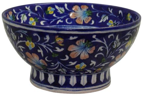 Decorative Bowl In Ceramic With Blue Hand Painted Floral Motifs