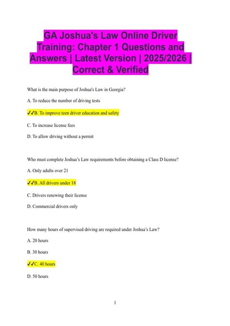 GA Joshua's Law Online Driver Training: Chapter 1 Questions and Answers