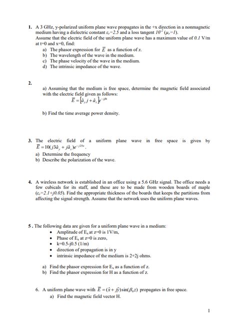 Solved A Ghz Y Polarized Uniform Plane Wave Propagates Chegg