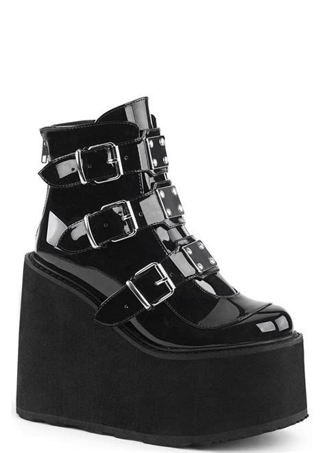 Demonia Swing 105 Patent Gothic Wedge Platform Boot Attitude Clothing