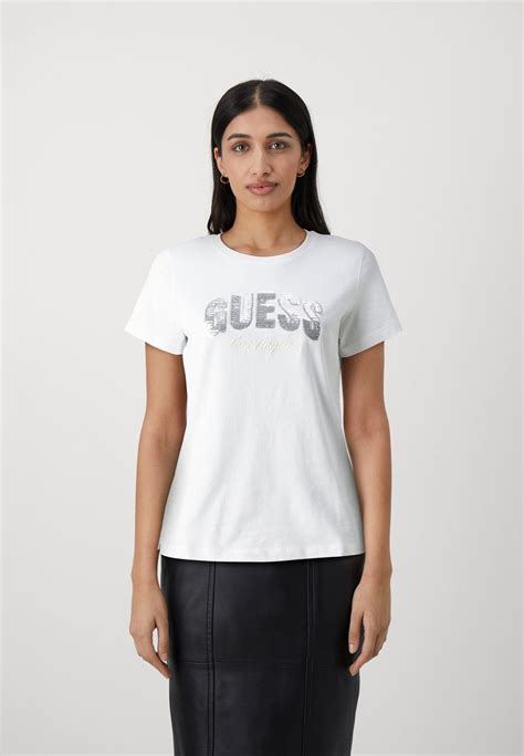 Guess Sequins Logo Print T Shirt Pure Whitewhite Uk