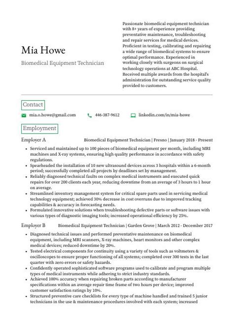 Biomedical Equipment Technician Resume (CV) Example and Writing Guide